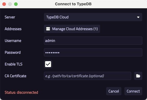 TypeDB Studio connect window